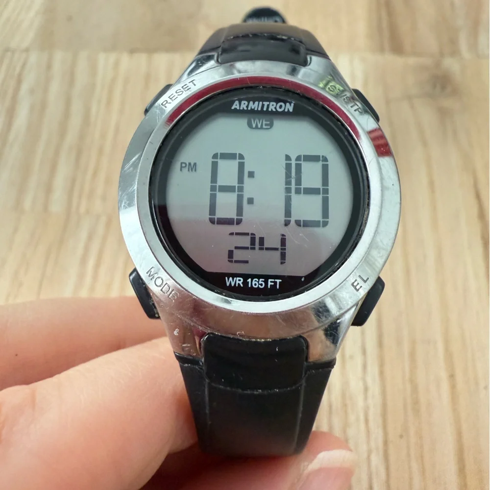 Armitron ladies silver tone and black strap digital sport watch NEW BATTERY